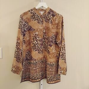 Vtg Anna and Frank Silk Button Up Blouse Tunic Mixed Print Long Sleeve‎ Classic
